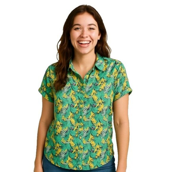 Pre-Loved NY XL Green and Gray Tropical Shirt with Rolled Up Sleeves - Picture 1 of 7